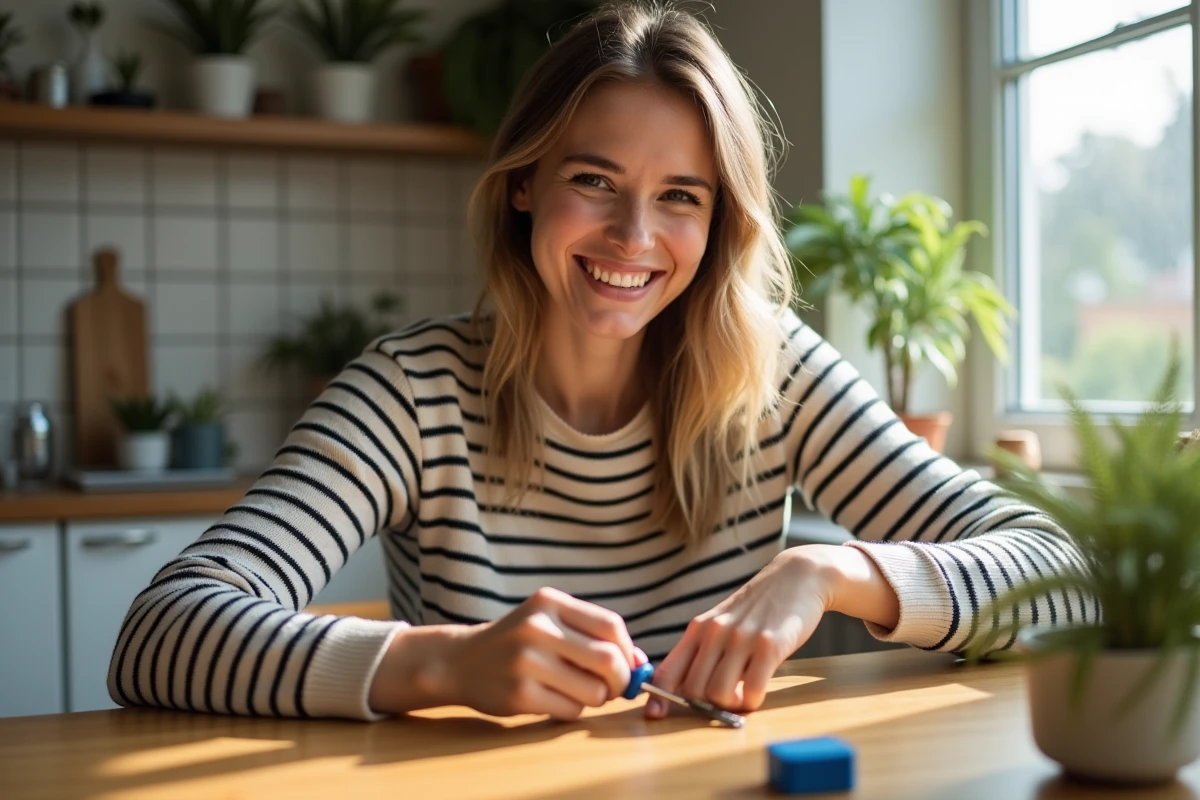 Jeune femme bricolant une chaise en cuisine ensoleillée