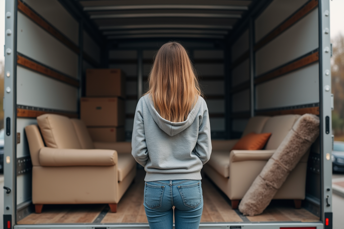 Jeune femme inspectant l’intérieur d’un camion de déménagement