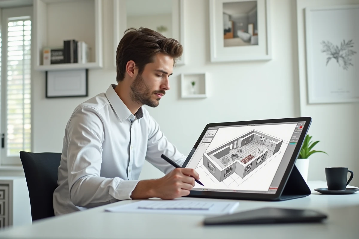 Jeune homme esquissant un plan de salle de bain sur tablette dans un bureau