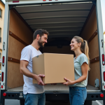 Jeune couple chargeant des cartons dans un camion de déménagement moderne