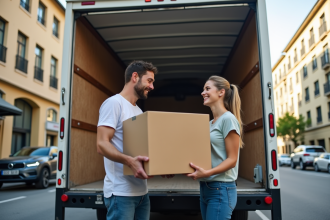 Jeune couple chargeant des cartons dans un camion de déménagement moderne