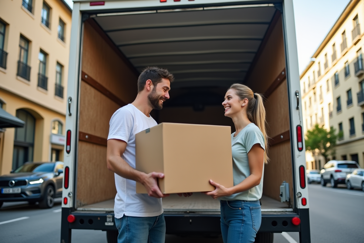 Jeune couple chargeant des cartons dans un camion de déménagement moderne