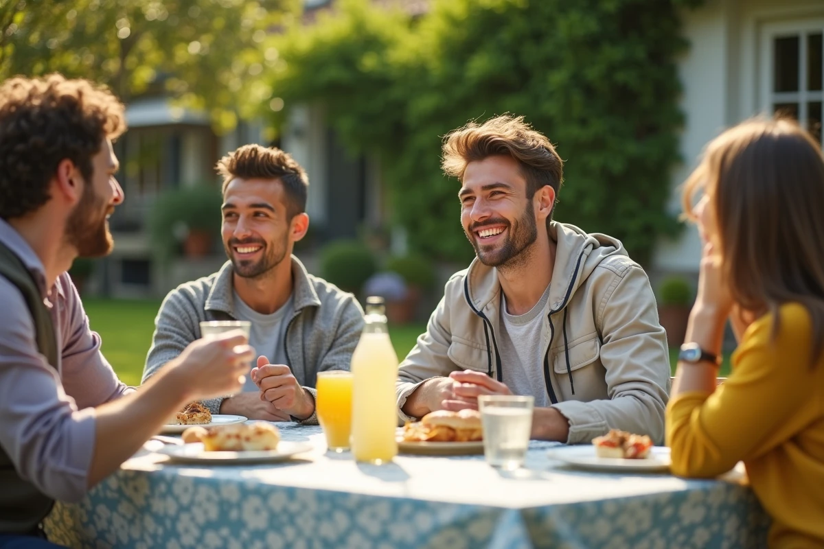 Jeune homme riant lors d un repas en plein air dans le jardin