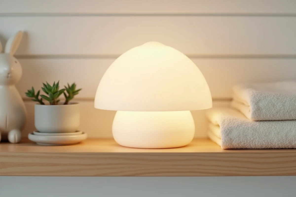 Gros plan d'une lampe champignon en silicone sur une étagère en chêne claire décorée d'accessoires bébé naturels