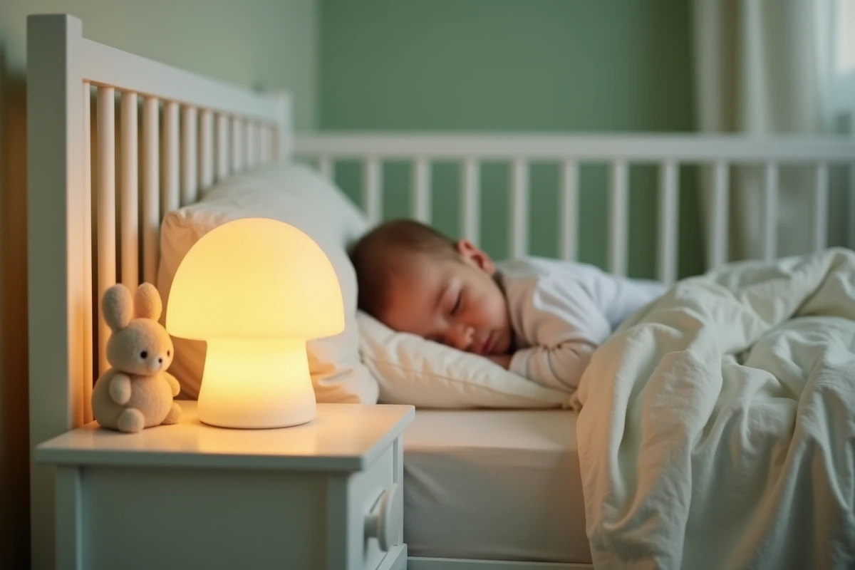 Lampe de chevet champignon posée sur une table de nuit en bois blanc dans une chambre bébé décorée en vert sauge