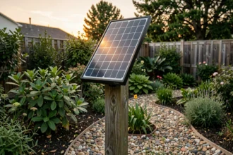 Lampe solaire sur piquet en bois dans un jardin verdoyant au crépuscule