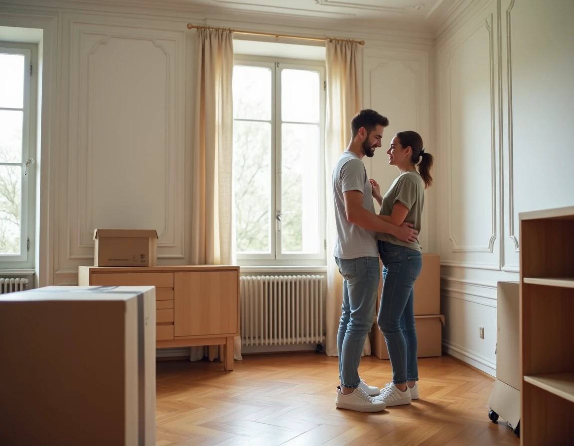 Couple français satisfait découvrant la livraison d'un meuble moderne dans leur appartement haussmannien