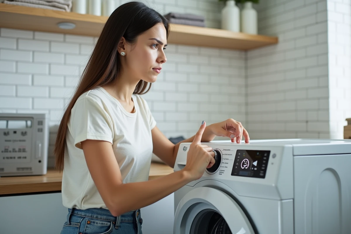 Femme examinant le logo essorage sur le panneau de commande d'un lave-linge Valberg dans une buanderie moderne