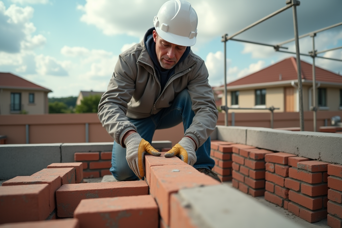 Maçon posant des briques sur une maison en construction