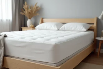 Matelas Duvivier haut de gamme avec tissu capitonné sur un lit bien fait dans une chambre scandinave lumineuse