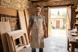 Menuisier artisan dans un atelier provençal entouré de bois et d'outils, illustrant les meilleurs menuisiers du Var