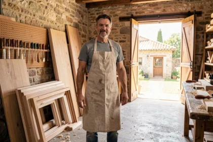 Menuisier artisan dans un atelier provençal entouré de bois et d'outils, illustrant les meilleurs menuisiers du Var