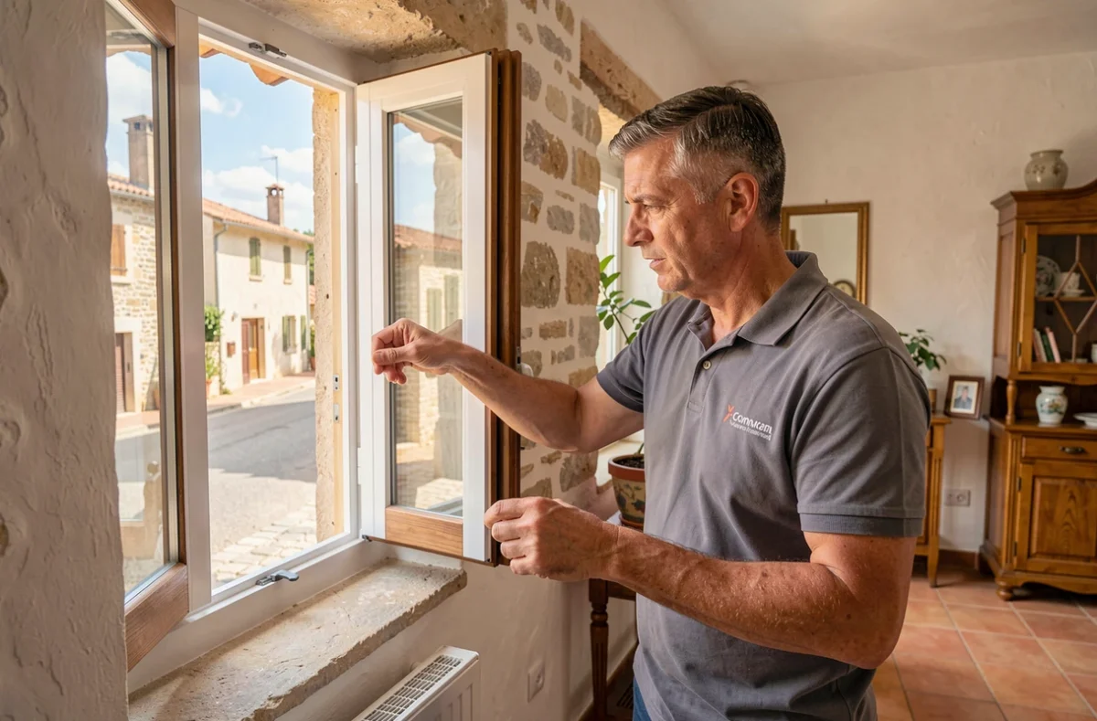 Technicien des Menuiseries de Solliès présentant une fenêtre PVC avec volets dans une maison provençale du centre Var