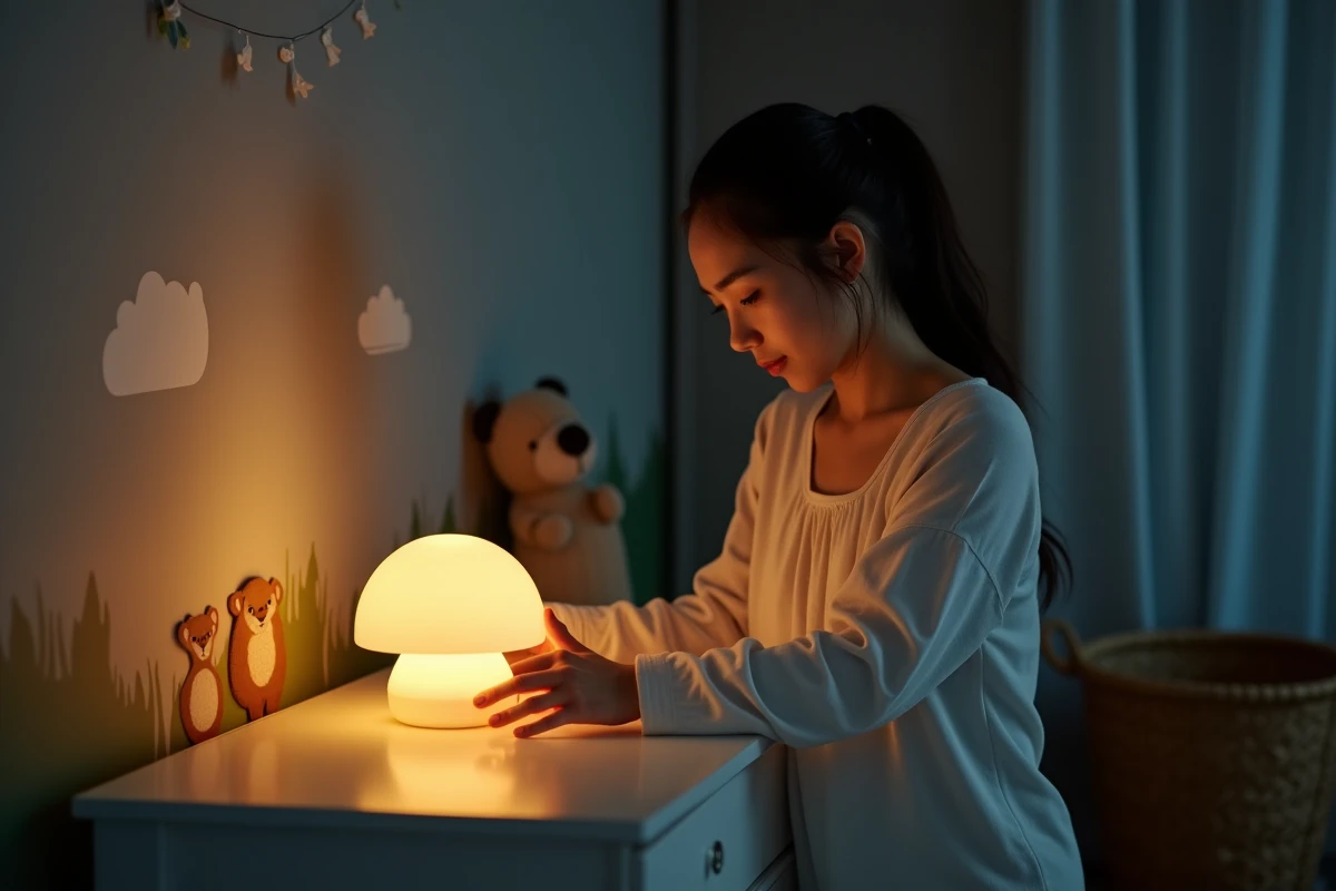 Jeune mère plaçant une lampe veilleuse champignon sur un meuble dans une chambre bébé au décor forêt enchantée