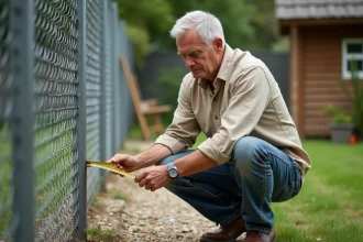 Homme mesurant un panneau de grillage métallique avec un mètre ruban dans un jardin résidentiel, calcul de mètres linéaires pour clôture