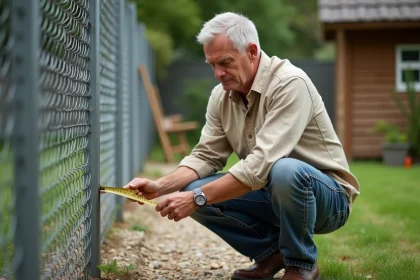 Homme mesurant un panneau de grillage métallique avec un mètre ruban dans un jardin résidentiel, calcul de mètres linéaires pour clôture