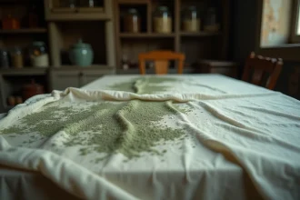 Gros plan sur une nappe en lin ancien présentant des taches de moisissures gris-vert sur les fibres du tissu