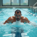 Homme d'âge moyen nageant vigoureusement dans une piscine intérieure