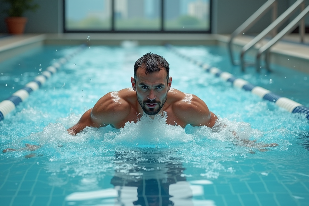 Homme d'âge moyen nageant vigoureusement dans une piscine intérieure