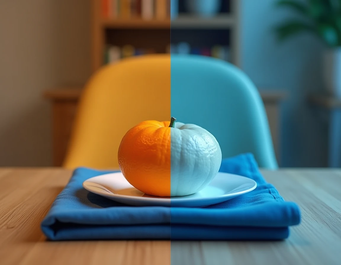 Nature morte montrant l'effet de la température de couleur sur la perception des teintes d'objets identiques