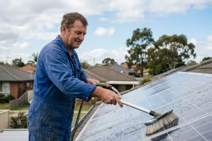 Homme en overalls nettoyant des panneaux solaires sur un toit résidentiel