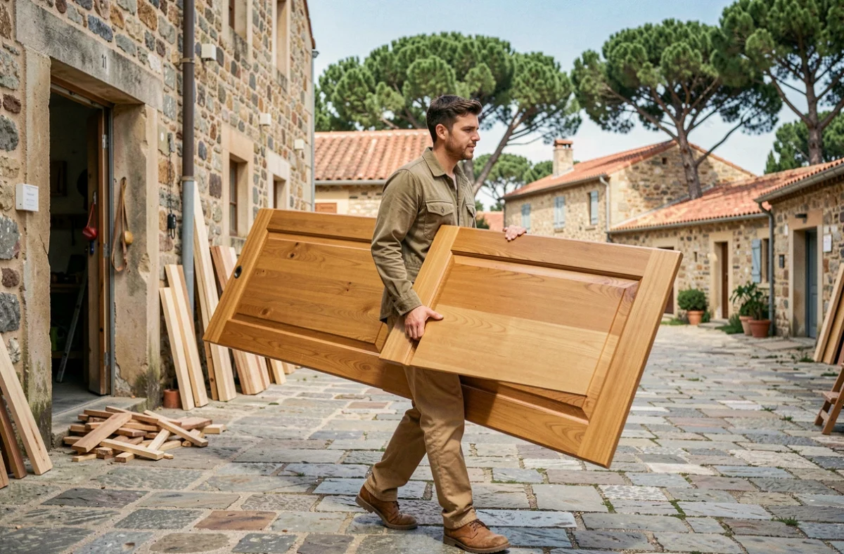 Jeune menuisier de Nexxo transportant une porte en bois sur mesure dans la cour d'un atelier à Roquebrune-sur-Argens