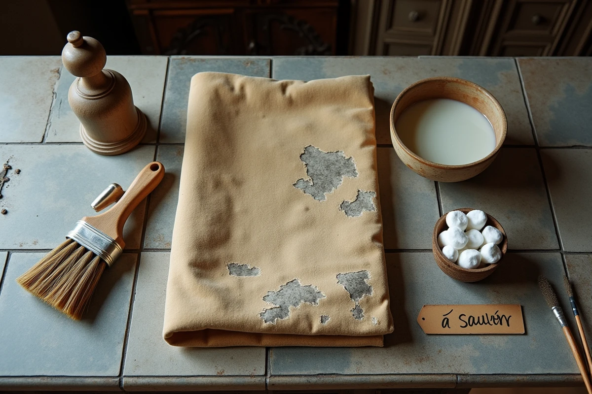 Vue à plat des outils de restauration textile posés à côté d'un velours ancien moisi sur un plan de travail en pierre