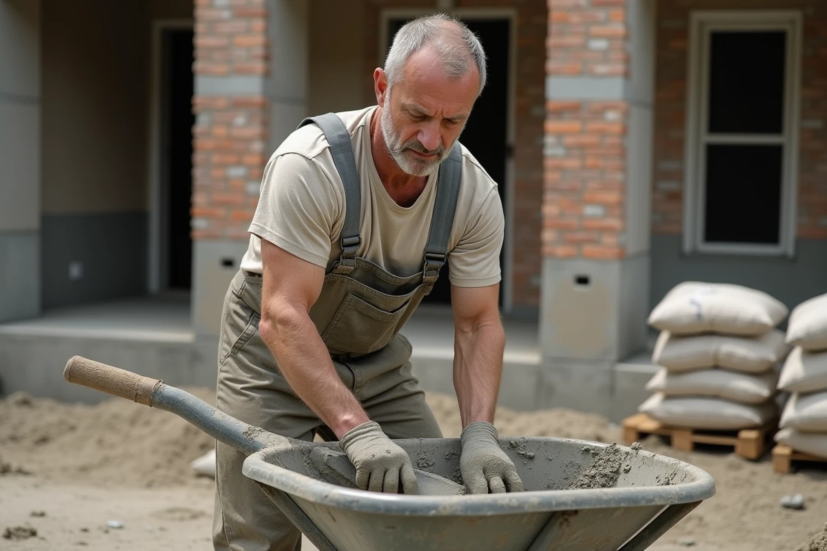Ouvrier du bâtiment mélangeant du mortier sur un chantier