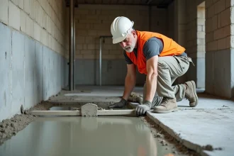 Ouvrier du bâtiment étalant une chape de béton de 5 cm sur un sol en construction avec une règle en aluminium