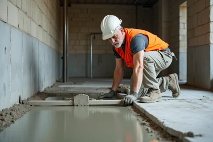 Ouvrier du bâtiment étalant une chape de béton de 5 cm sur un sol en construction avec une règle en aluminium