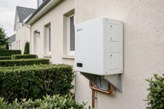 Pompe à chaleur air-eau Atlantic installée en extérieur sur la façade d'une maison rénovée