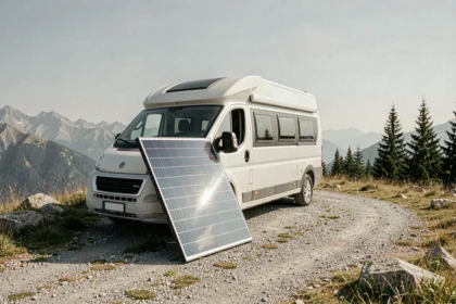 Panneau solaire 200W posé contre un van aménagé sur un plateau montagneux, illustrant un usage nomade hors réseau