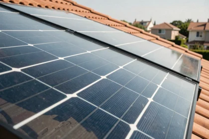 Gros plan sur un panneau solaire bi-verre installé sur un toit résidentiel, montrant la surface en verre transparent et les cellules photovoltaïques