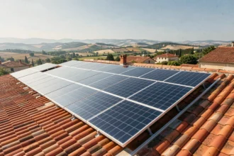 Panneaux solaires bifaciaux installés sur un toit de maison résidentielle en France avec tuiles en terre cuite visibles