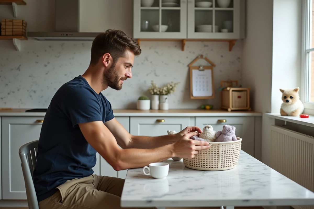Père trie des objets dans la cuisine familiale