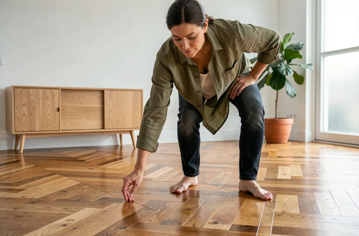 Femme inspectant un parquet point de Hongrie rénové et ciré dans un intérieur scandinave minimaliste après une rénovation sans ponçage