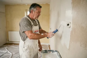 Peintre appliquant de la peinture Action blanche sur un mur intérieur avec un rouleau lors d'une rénovation appartement