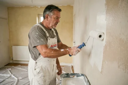 Peintre appliquant de la peinture Action blanche sur un mur intérieur avec un rouleau lors d'une rénovation appartement