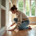 Femme peignant un salon lumineux avec parquet neuf