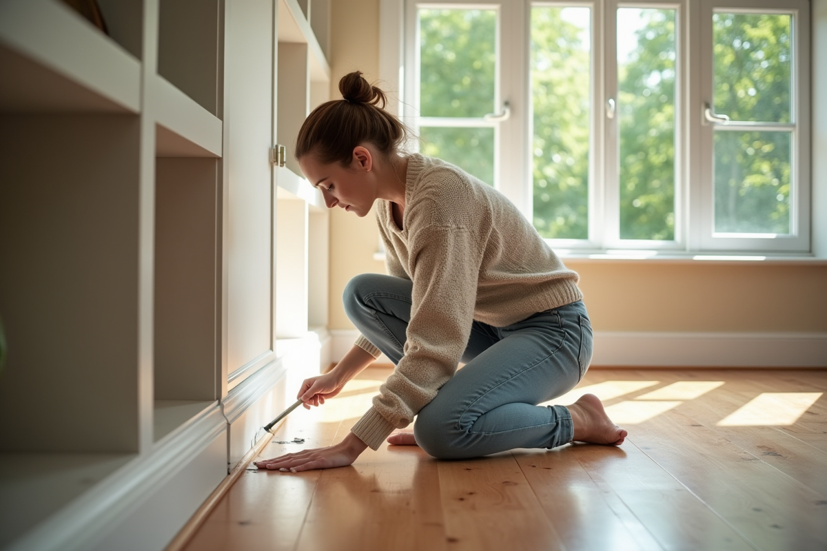 Femme peignant un salon lumineux avec parquet neuf