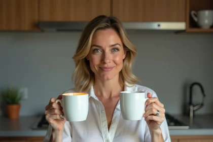 Femme comparant deux mugs identiques sous différentes températures de couleur de lumière dans une cuisine moderne