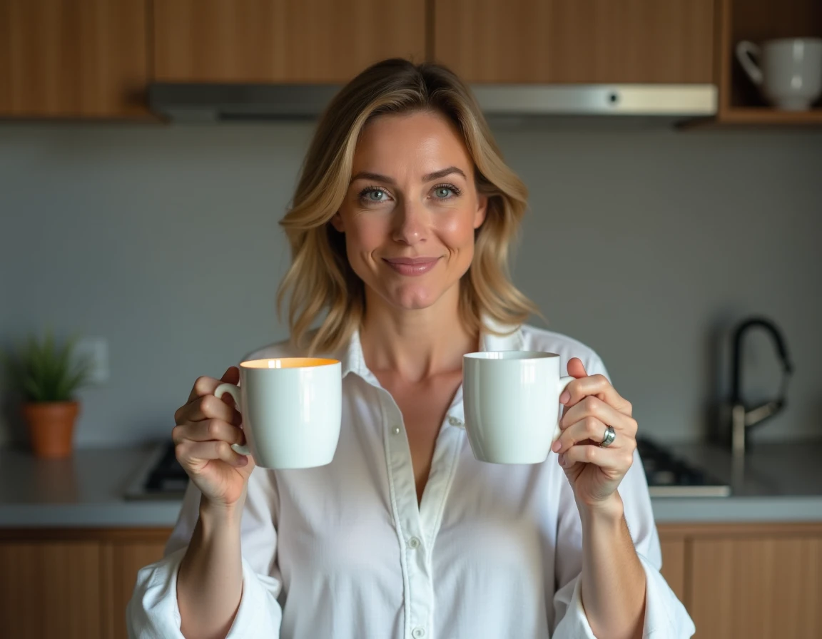 Femme comparant deux mugs identiques sous différentes températures de couleur de lumière dans une cuisine moderne