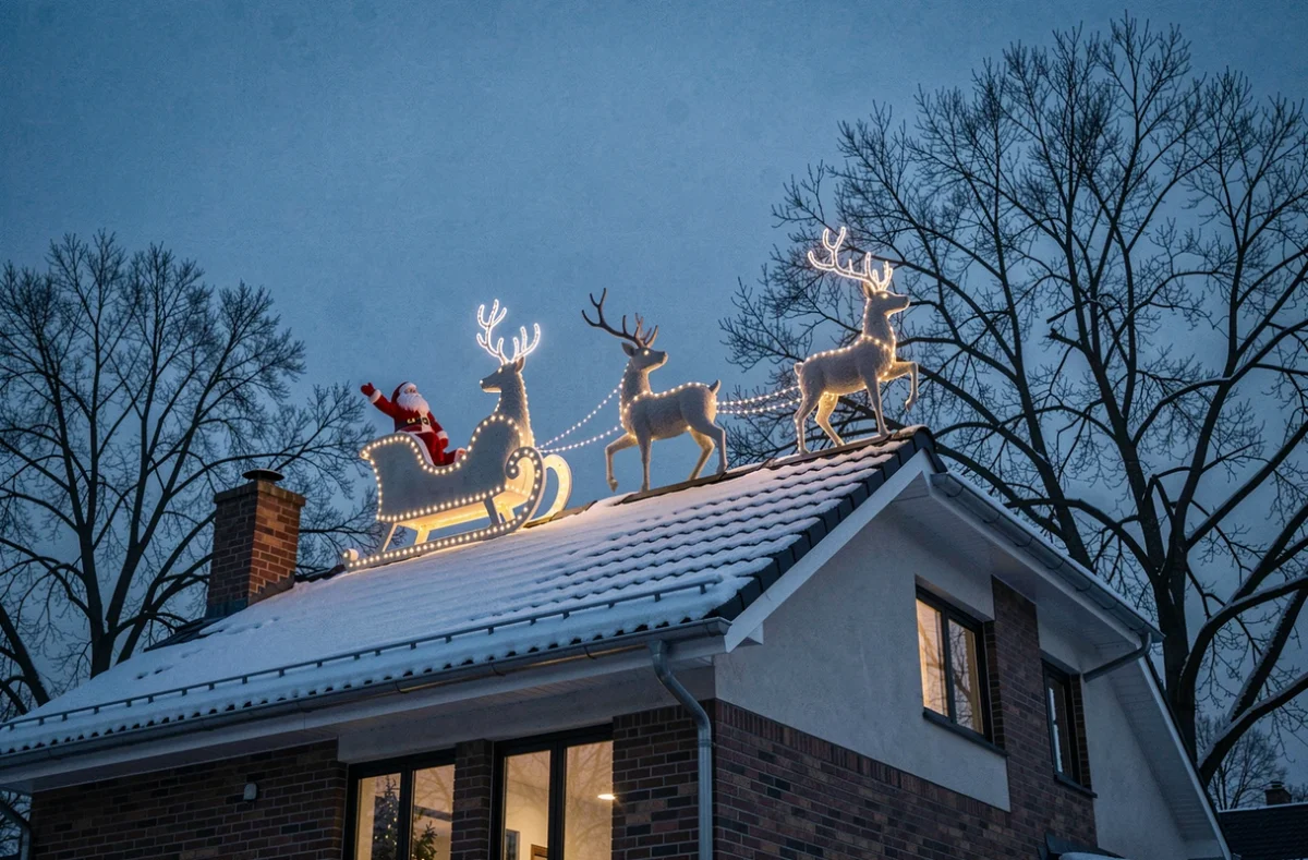 Père Noël avec traîneau et rennes illuminés sur le toit d'une maison au crépuscule