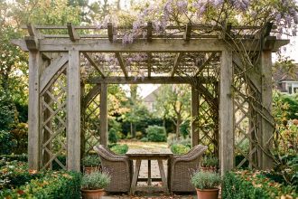 Pergola en bois avec table de jardin sous une tonnelle de glycine dans un jardin résidentiel en automne