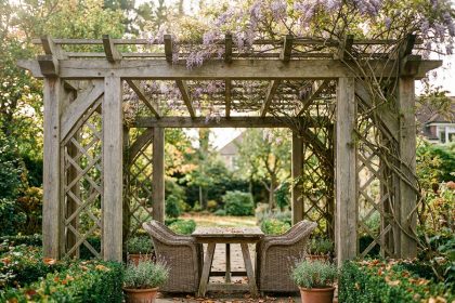 Pergola en bois avec table de jardin sous une tonnelle de glycine dans un jardin résidentiel en automne