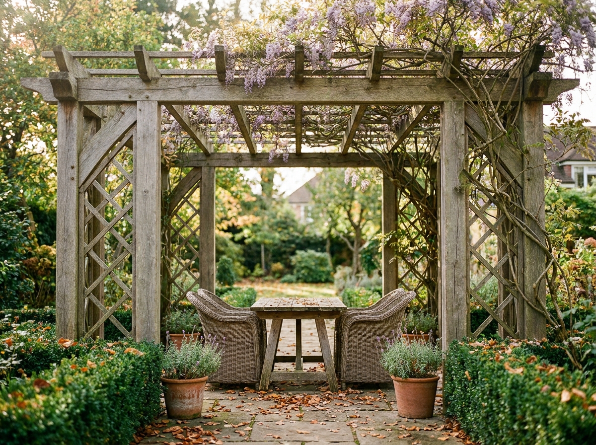 Pergola en bois avec table de jardin sous une tonnelle de glycine dans un jardin résidentiel en automne