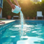 Piscine bleue moderne en été avec personne versant du borax