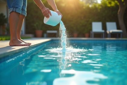Piscine bleue moderne en été avec personne versant du borax