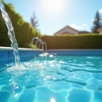Piscine dans le jardin en été avec eau qui coule