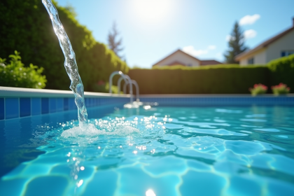 Piscine dans le jardin en été avec eau qui coule